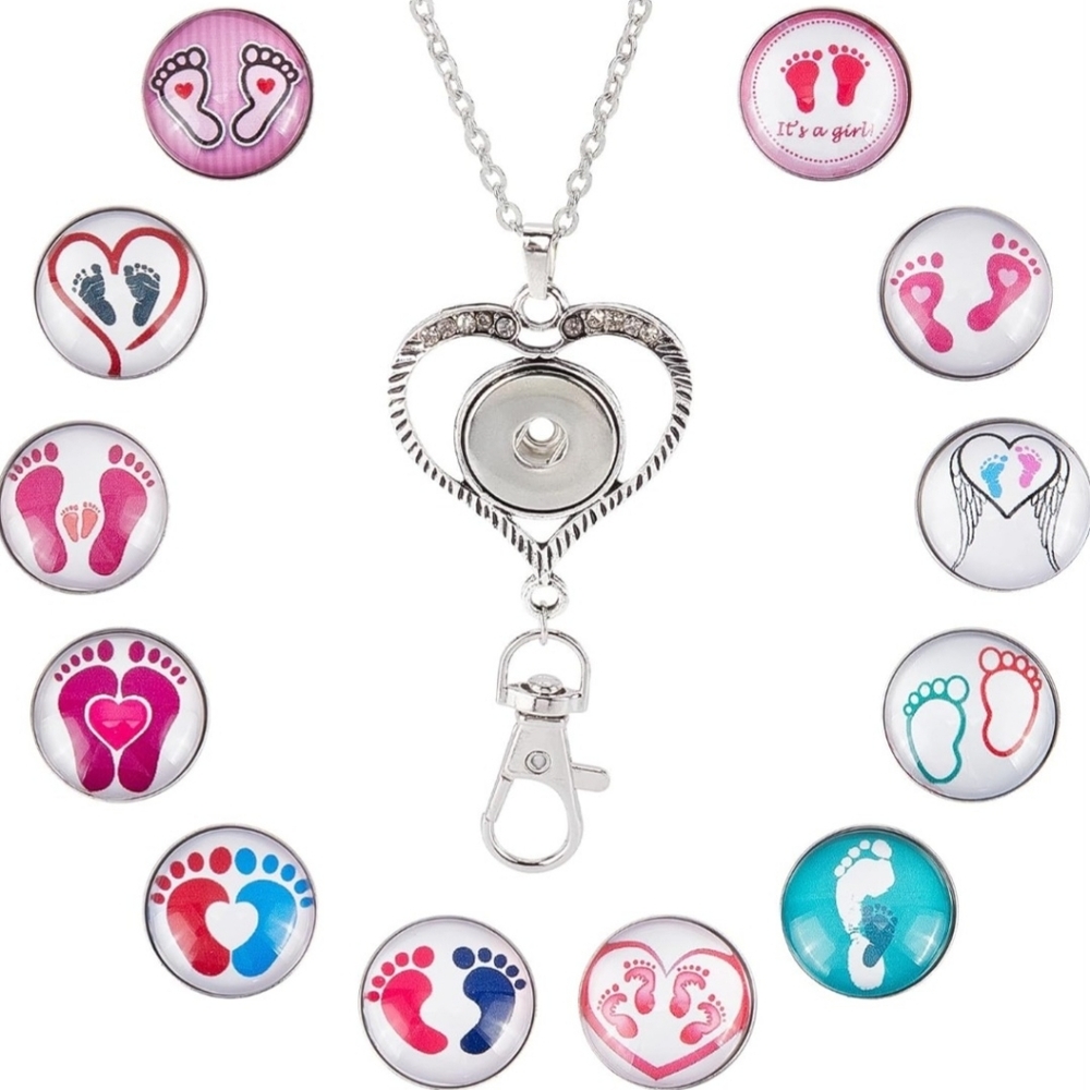 Snap Buttons 12 Interchangeable Footprints & Necklace Lanyard